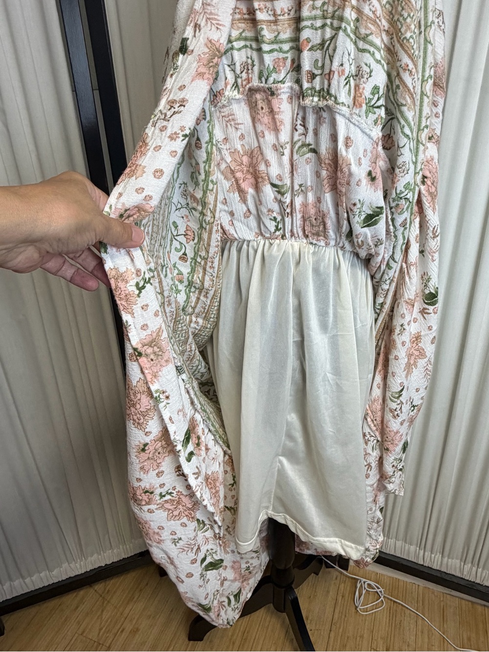 Floral V-Neck Smocked Waist Maxi Dress - Cream & Green - Picture 7 of 8